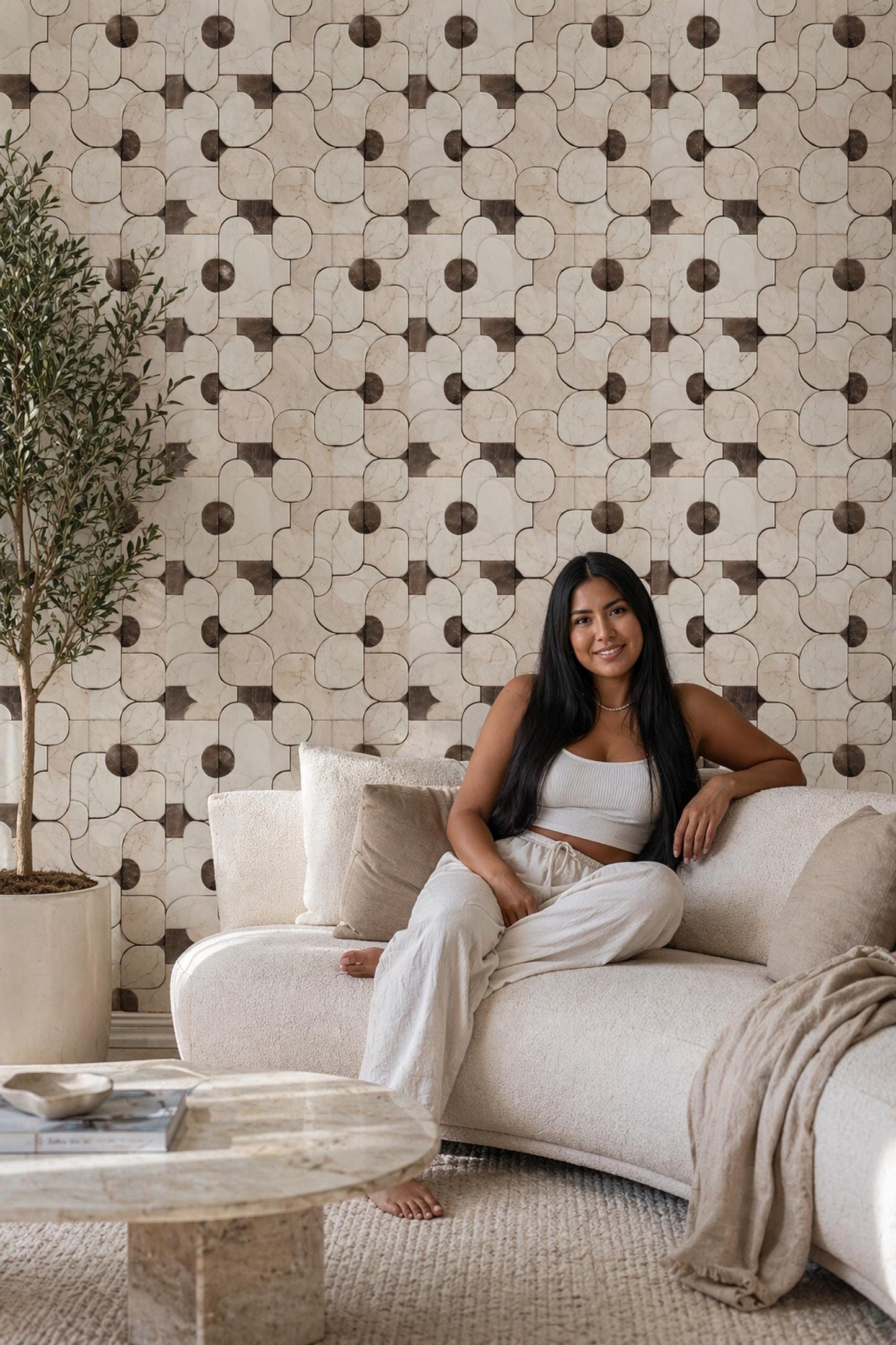 Modern Marble Tile Wallpaper Geometric Pattern Neutral Stone Design Minimal Luxury Wall Decor