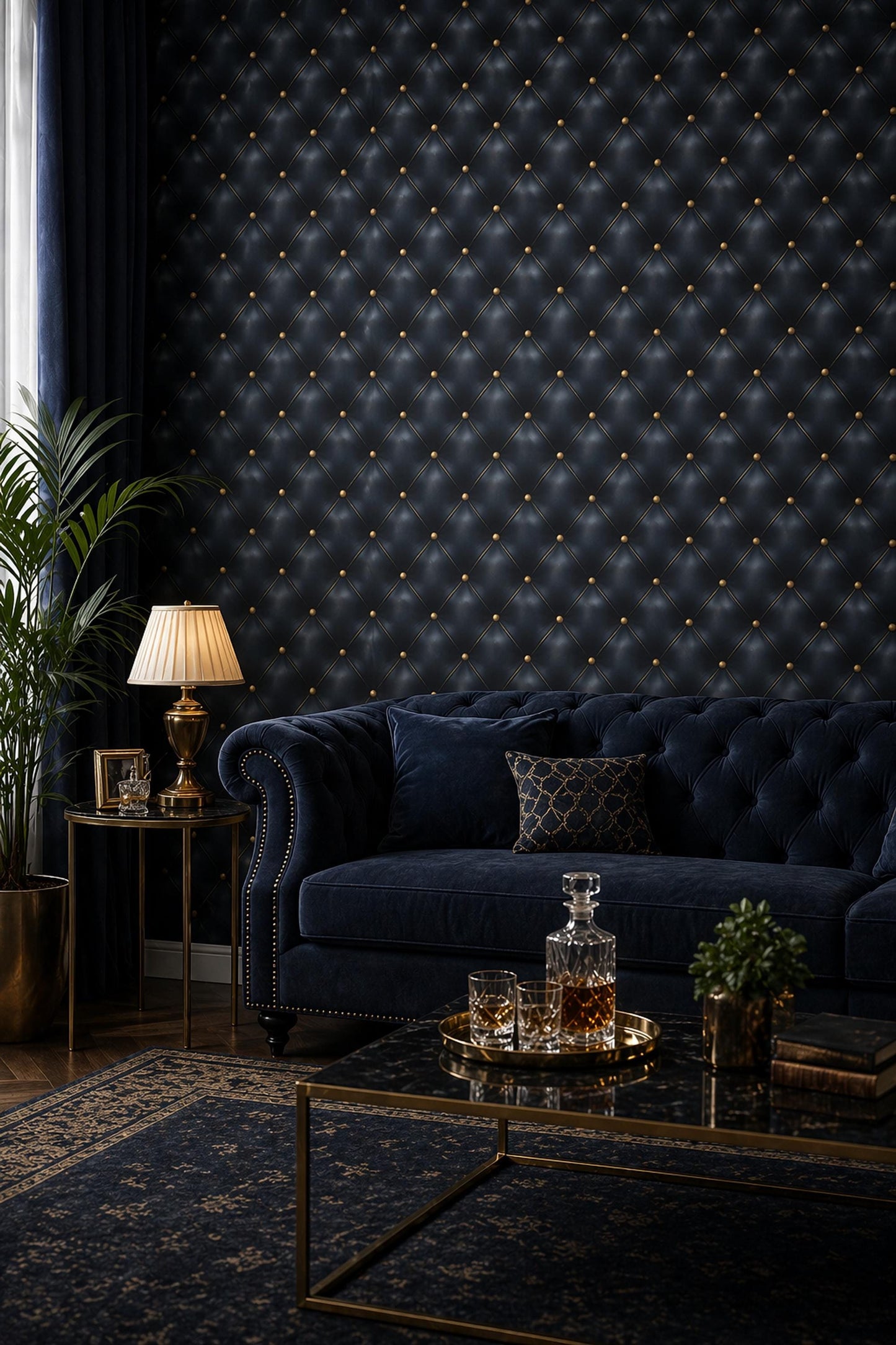 Dark Blue Tufted Leather Wallpaper Luxury Wall Decor Chesterfield Pattern Elegant Interior Design