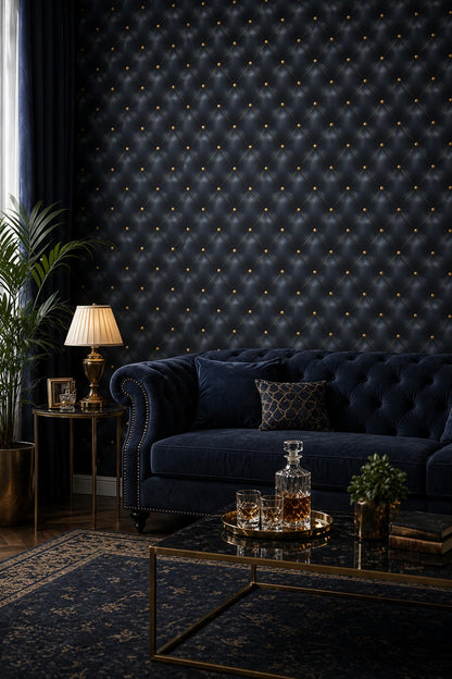 Dark Blue Tufted Leather Wallpaper Luxury Wall Decor Chesterfield Pattern Elegant Interior Design