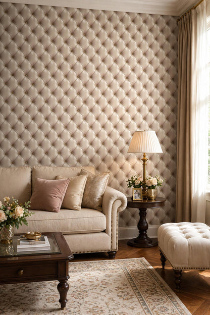 Beige Tufted Wallpaper Leather Look Wall Decor Neutral Luxury Panel Design Classic Elegant Interior