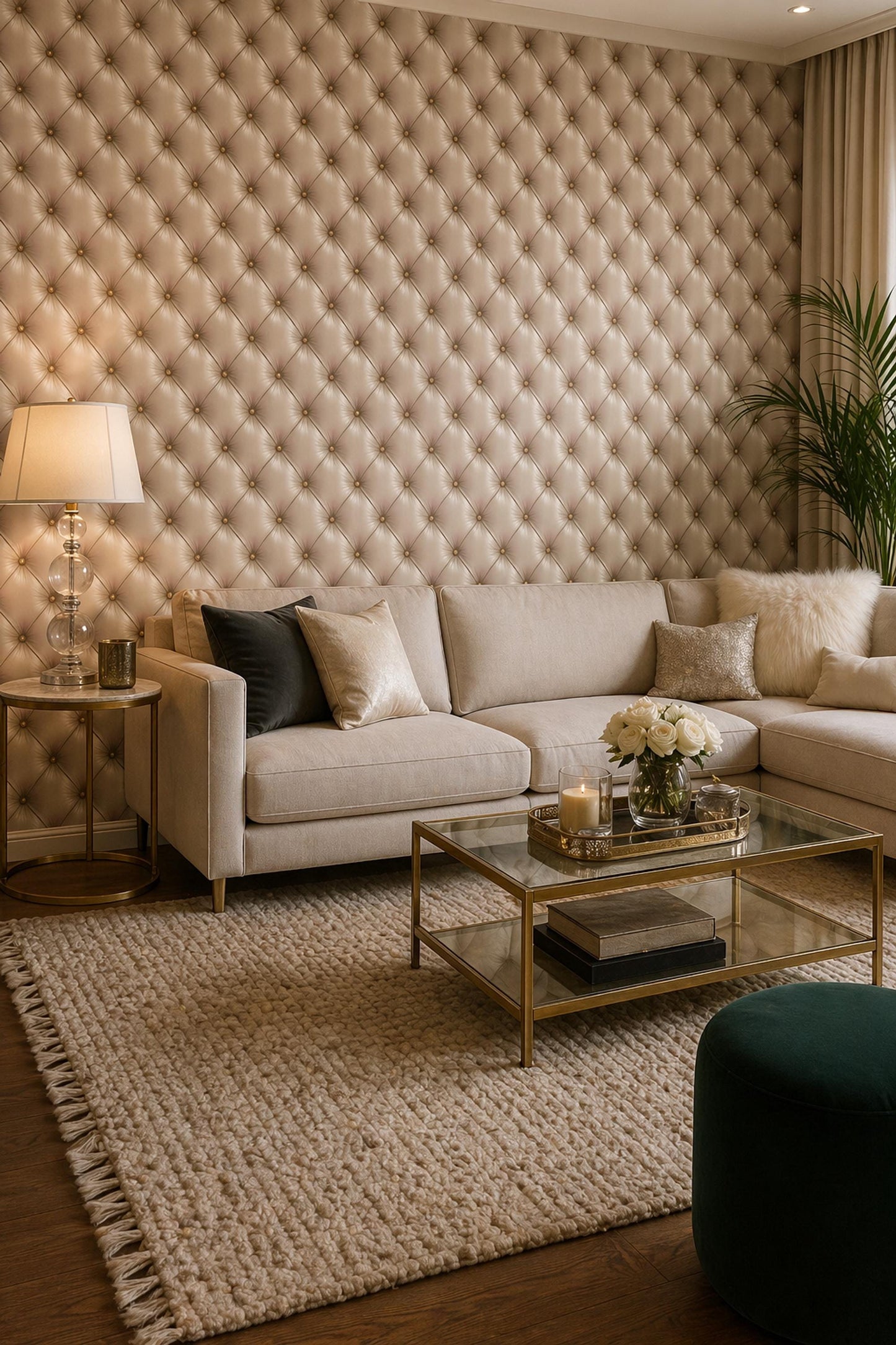 Beige Tufted Wallpaper Leather Look Wall Decor Neutral Luxury Panel Design Classic Elegant Interior