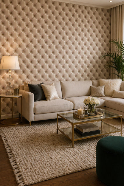 Beige Tufted Wallpaper Leather Look Wall Decor Neutral Luxury Panel Design Classic Elegant Interior