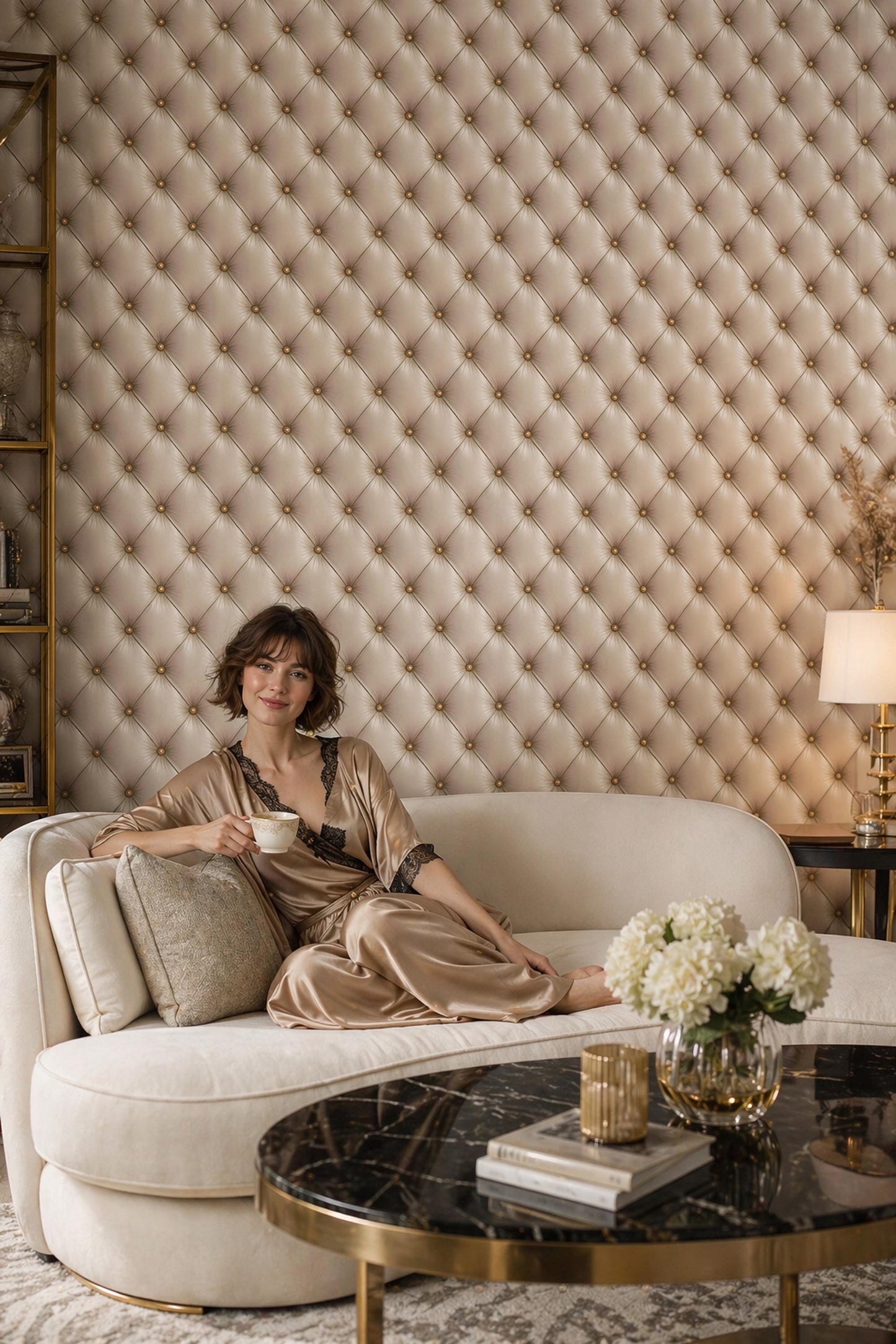 Beige Tufted Wallpaper Leather Look Wall Decor Neutral Luxury Panel Design Classic Elegant Interior