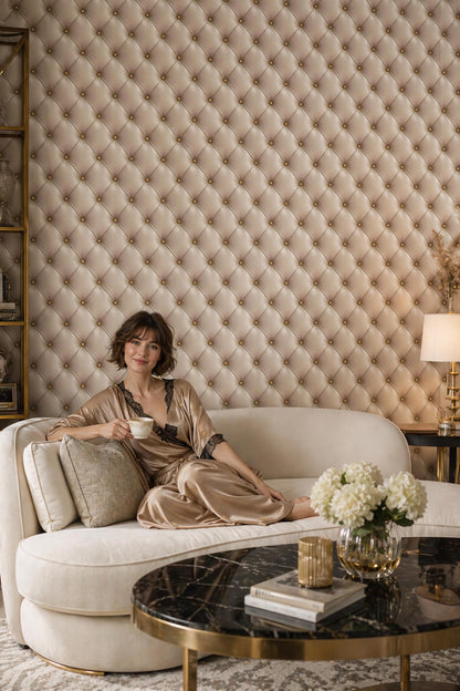 Beige Tufted Wallpaper Leather Look Wall Decor Neutral Luxury Panel Design Classic Elegant Interior