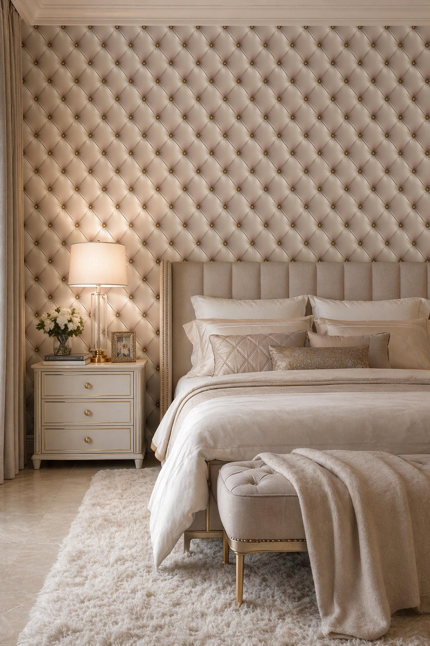 Beige Tufted Wallpaper Leather Look Wall Decor Neutral Luxury Panel Design Classic Elegant Interior