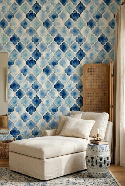 Moroccan Tile Wallpaper Set Blue Trellis Pattern Coastal Wall Decor Boho Chic Design