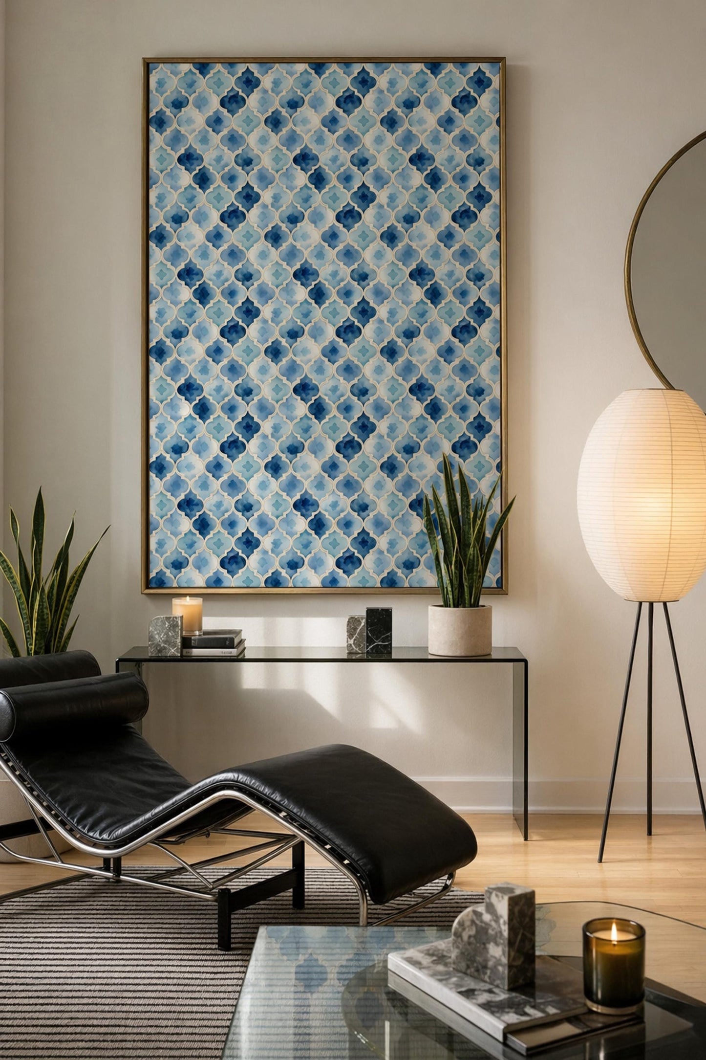 Moroccan Tile Wallpaper Set Blue Trellis Pattern Coastal Wall Decor Boho Chic Design