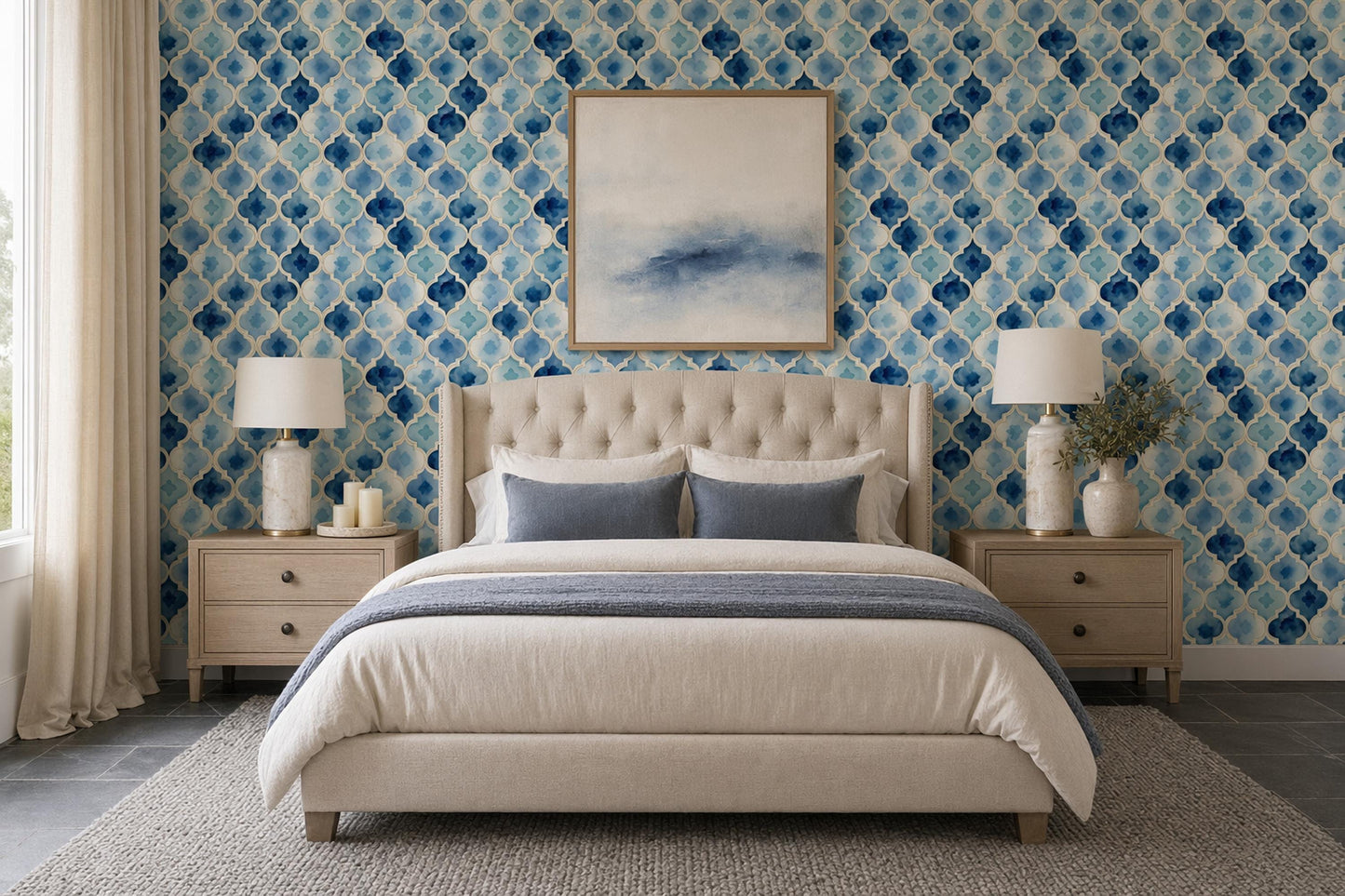 Moroccan Tile Wallpaper Set Blue Trellis Pattern Coastal Wall Decor Boho Chic Design