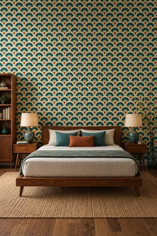 Art Deco Fan Wallpaper Set Retro Scallop Pattern Teal Rust Vintage Wall Decor
