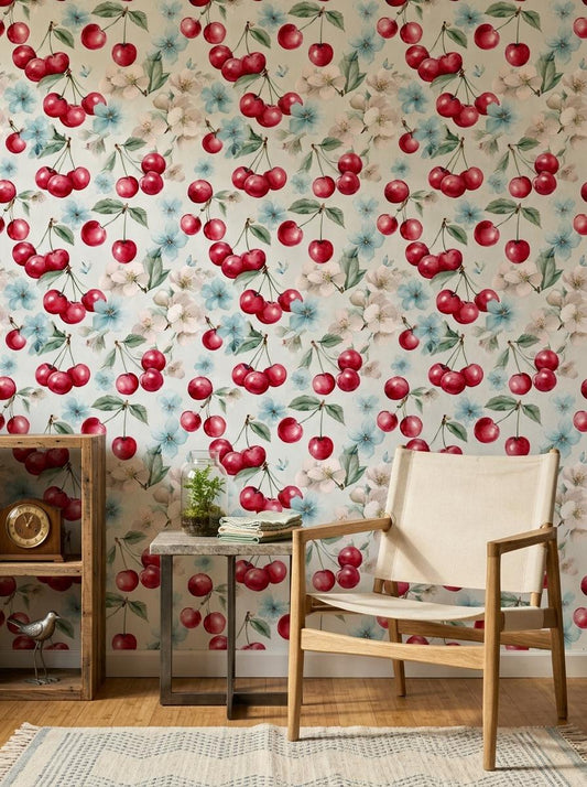 Cherry Blossom Wallpaper Set Vintage Botanical Fruit Floral Cottagecore Wall