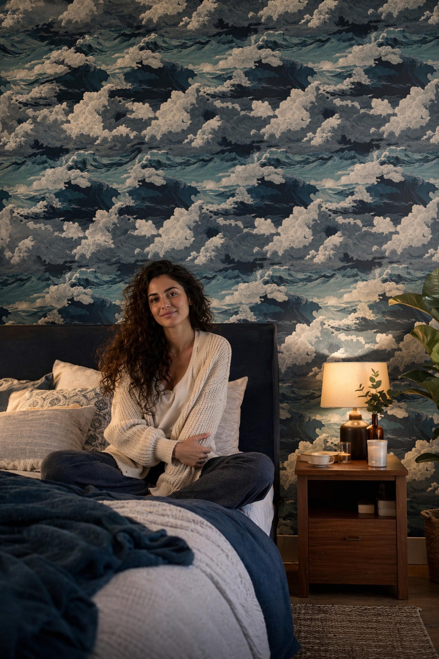 Ocean Wave Pattern Wallpaper Dark Blue Coastal Seamless Sea Wall Decor