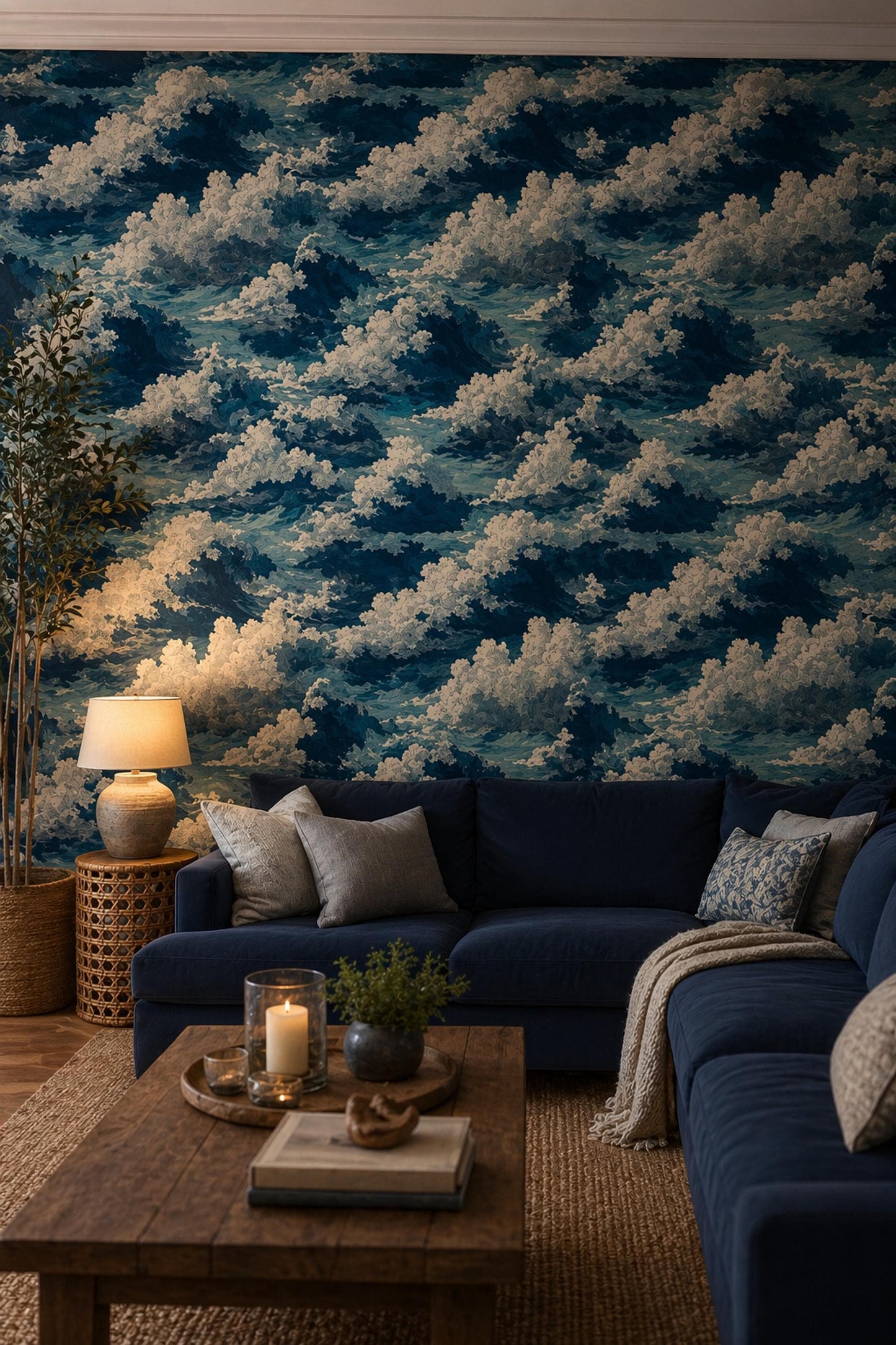 Ocean Wave Pattern Wallpaper Dark Blue Coastal Seamless Sea Wall Decor