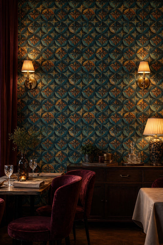 Dark Teal Gold Geometric Wallpaper Vintage Pattern Luxury Art Deco Wall Decor