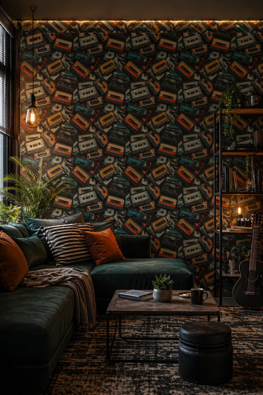 Vintage Cassette Tape Wallpaper Retro Music Pattern 80s Wall Decor Man Cave