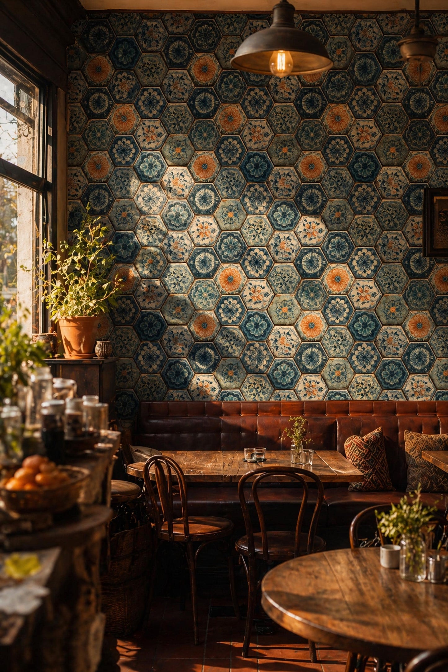 Blue Mosaic Tile Wallpaper Hexagon Pattern Ceramic Tile Art Mediterranean Decor