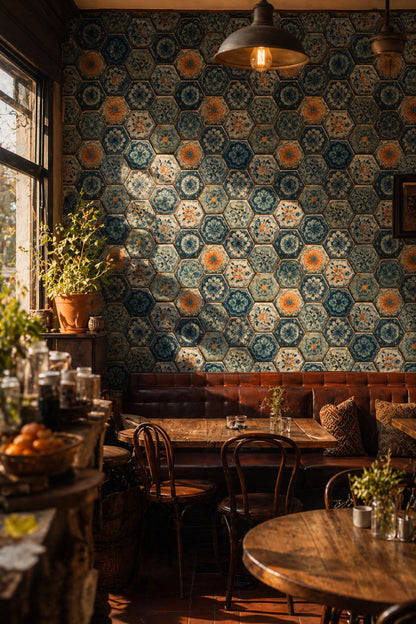 Blue Mosaic Tile Wallpaper Hexagon Pattern Ceramic Tile Art Mediterranean Decor