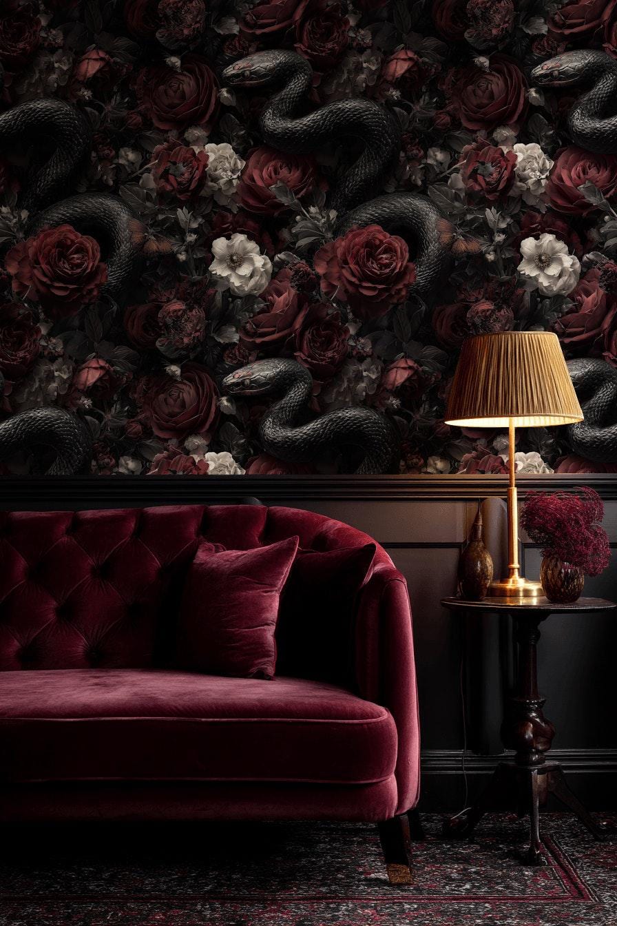 Dark Floral Snake Wallpaper Gothic Rose Pattern Luxury Moody Wall Decor