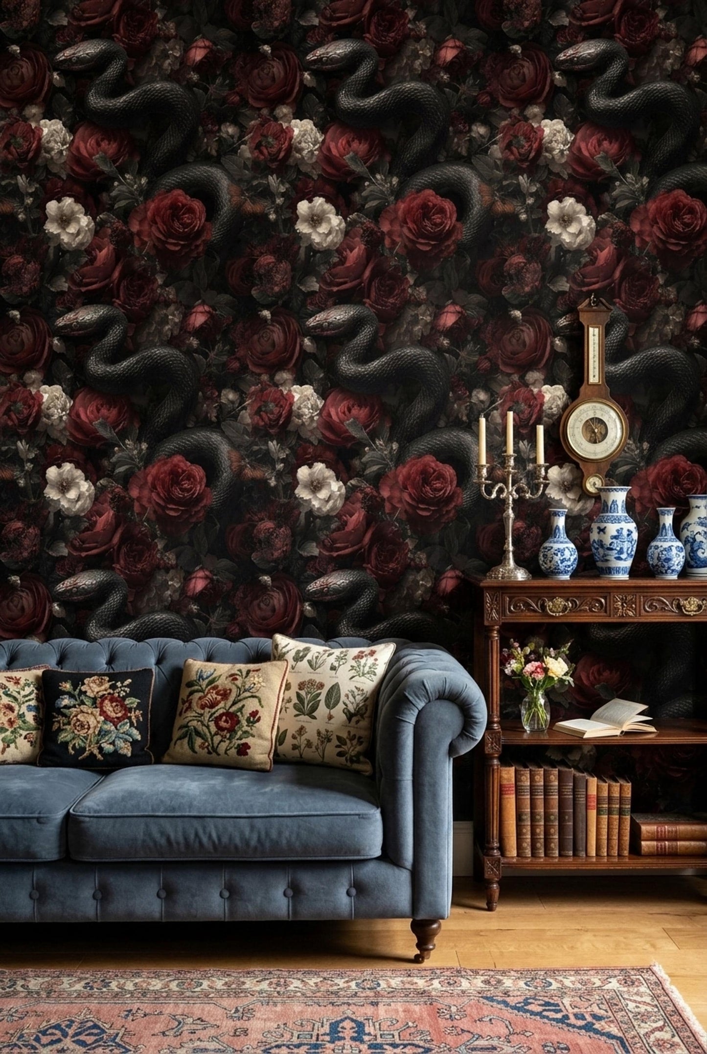 Dark Floral Snake Wallpaper Gothic Rose Pattern Luxury Moody Wall Decor