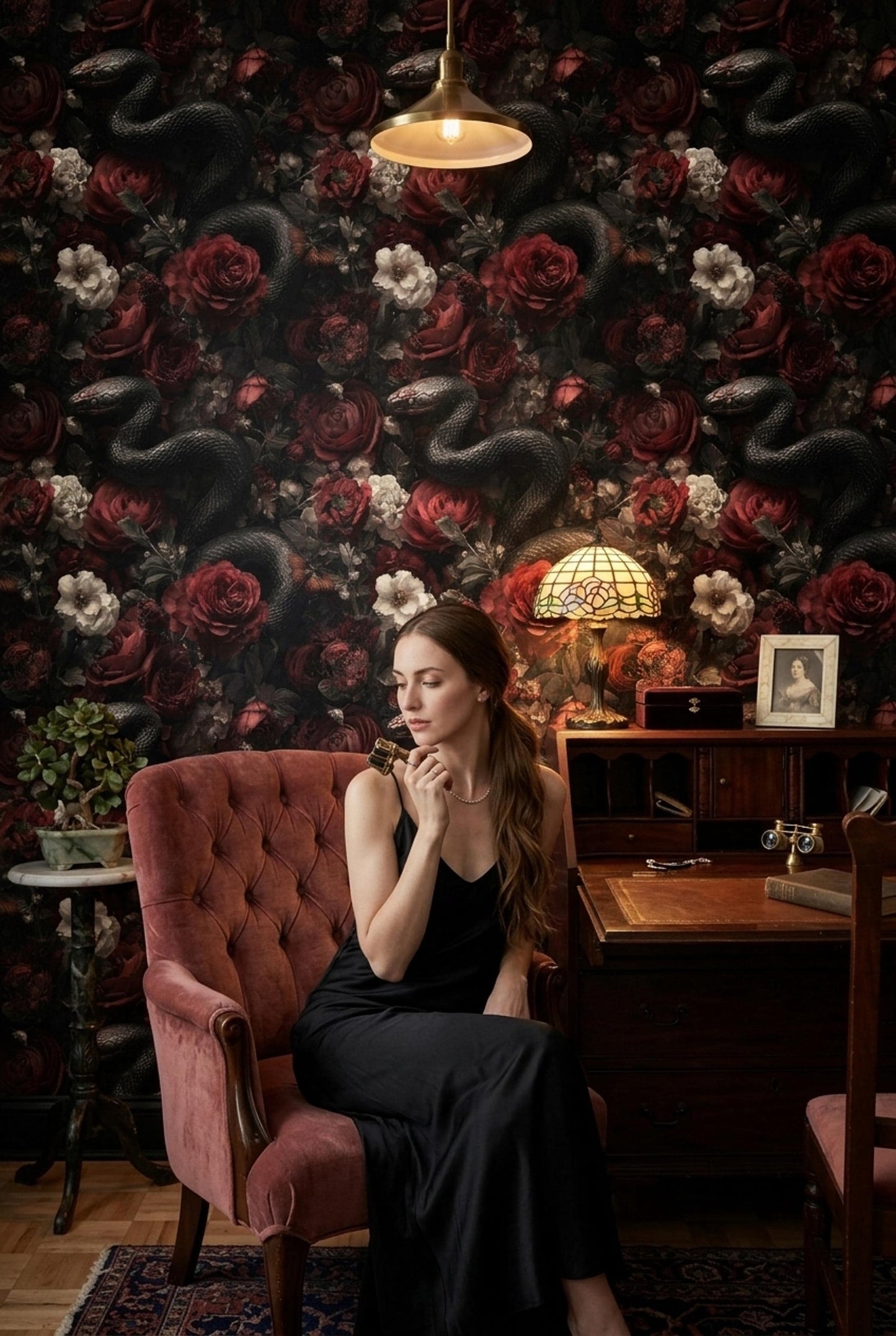 Dark Floral Snake Wallpaper Gothic Rose Pattern Luxury Moody Wall Decor