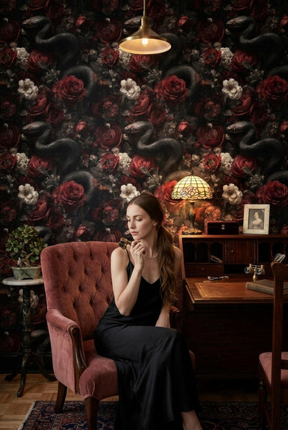 Dark Floral Snake Wallpaper Gothic Rose Pattern Luxury Moody Wall Decor