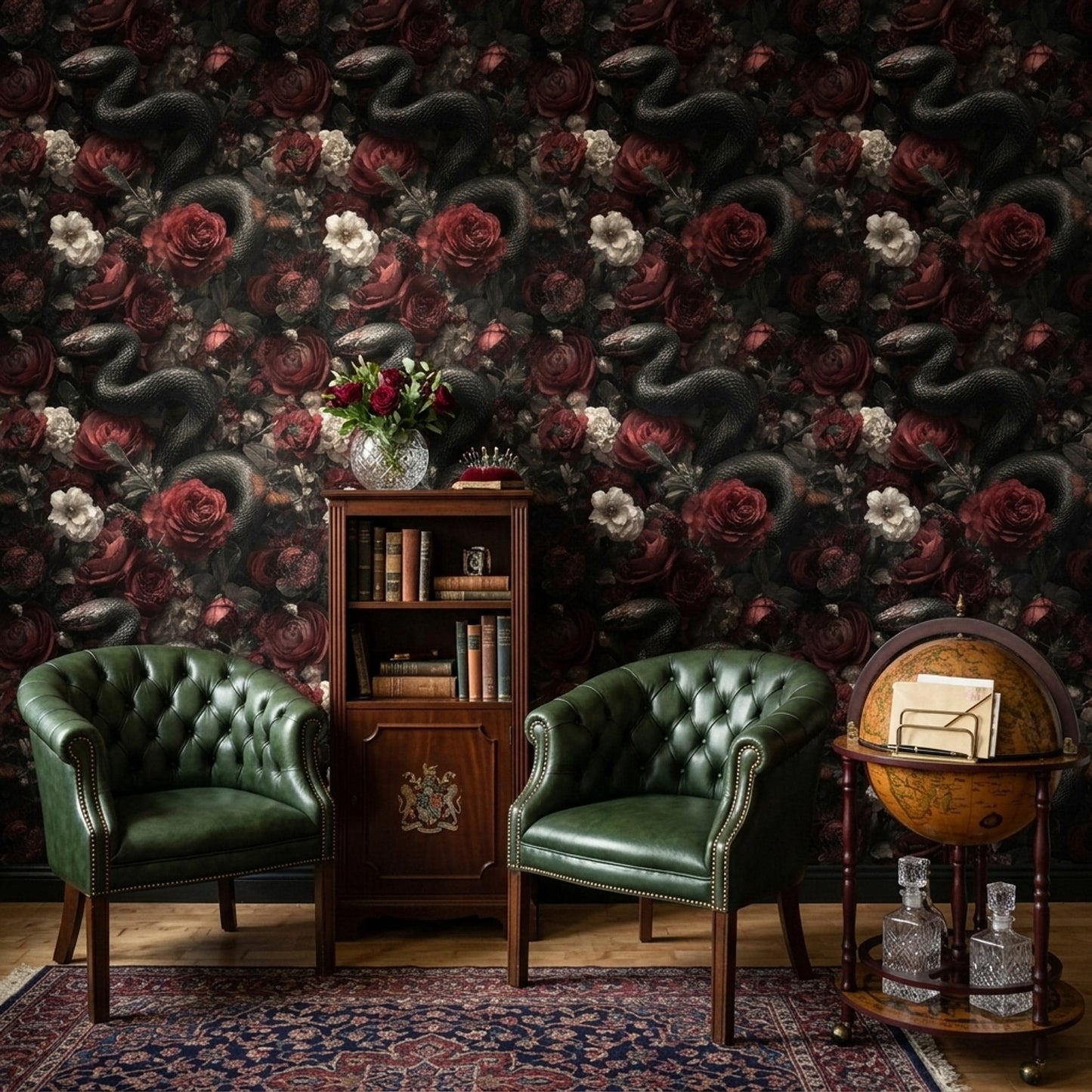 Dark Floral Snake Wallpaper Gothic Rose Pattern Luxury Moody Wall Decor