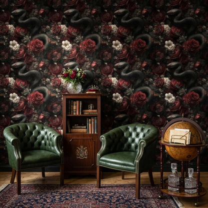 Dark Floral Snake Wallpaper Gothic Rose Pattern Luxury Moody Wall Decor