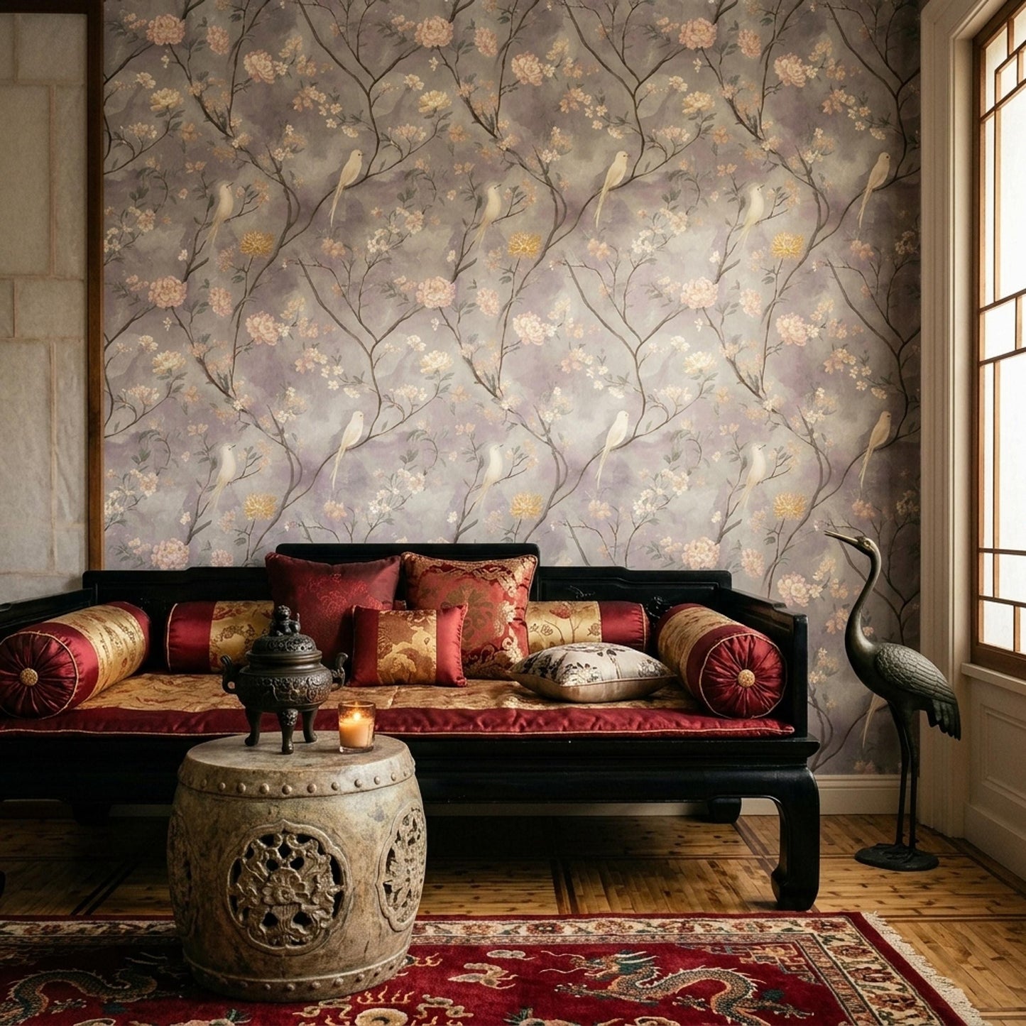 Blossom Branch Wallpaper with Birds Soft Neutral Botanical Wall Decor Elegant Calm Interior Design
