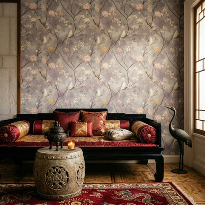 Blossom Branch Wallpaper with Birds Soft Neutral Botanical Wall Decor Elegant Calm Interior Design