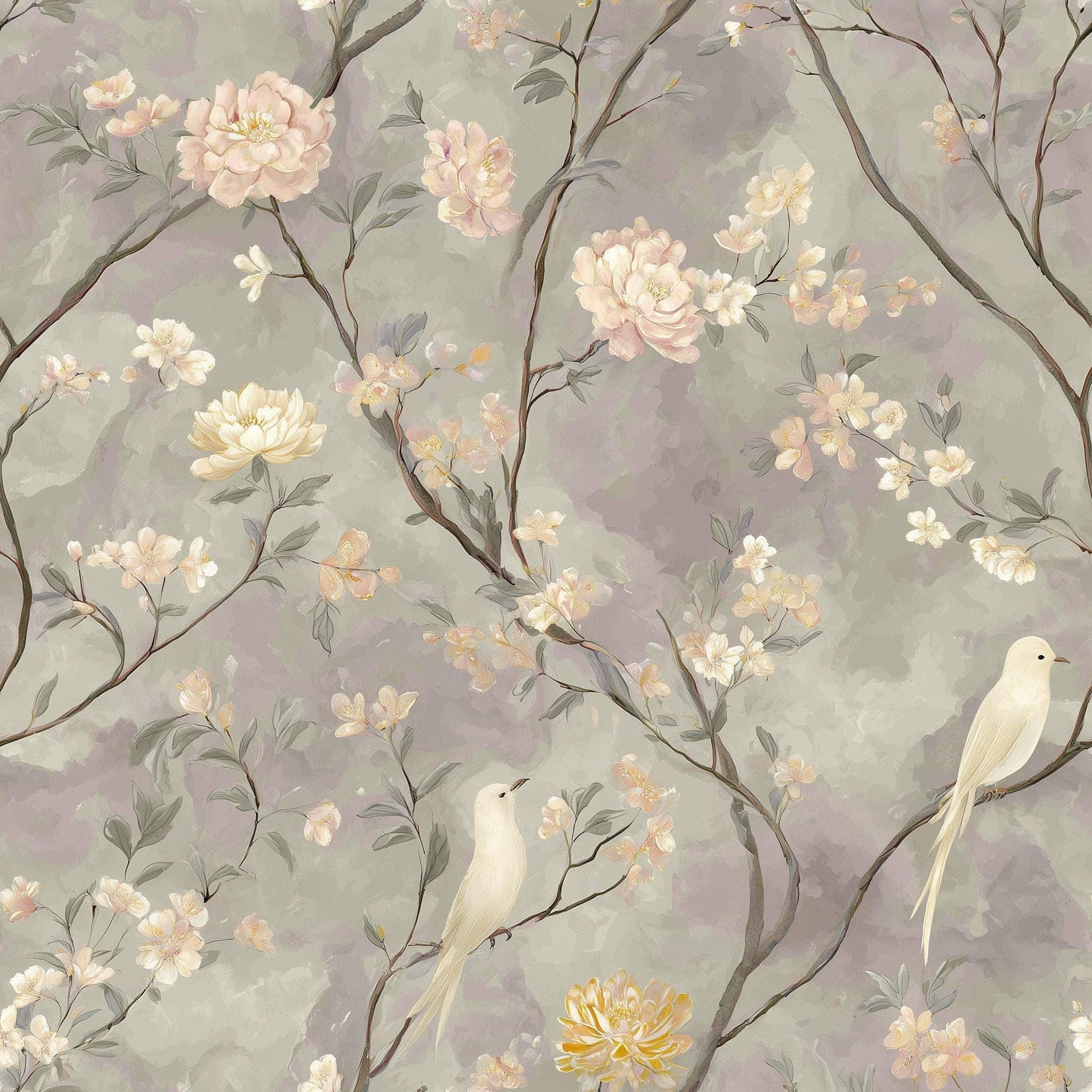 Blossom Branch Wallpaper with Birds Soft Neutral Botanical Wall Decor Elegant Calm Interior Design