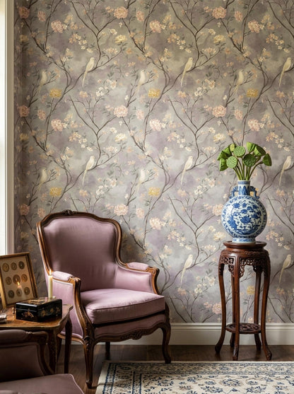 Blossom Branch Wallpaper with Birds Soft Neutral Botanical Wall Decor Elegant Calm Interior Design