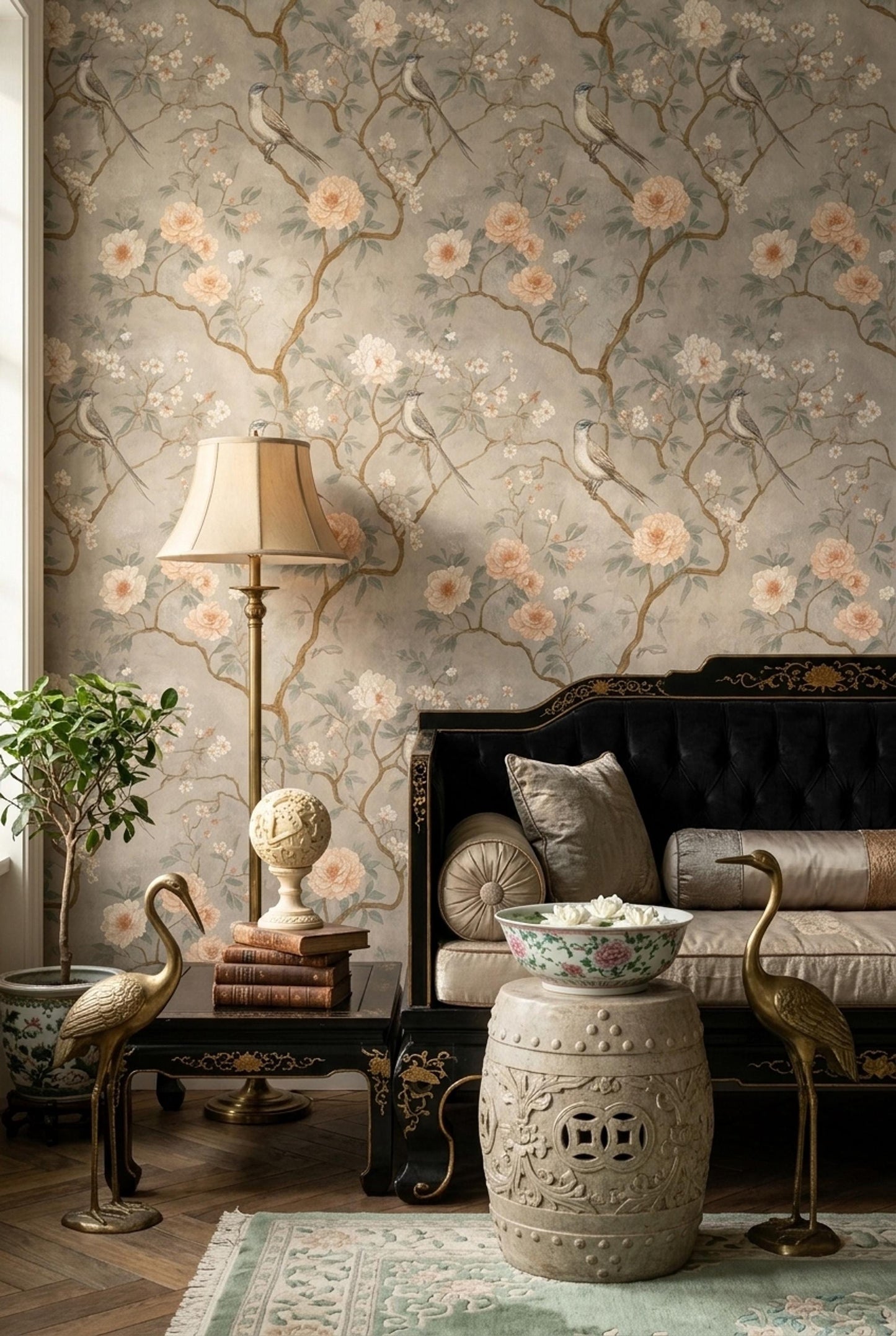 Chinoiserie Bird Floral Wallpaper Soft Botanical Wall Decor Elegant Vintage Style