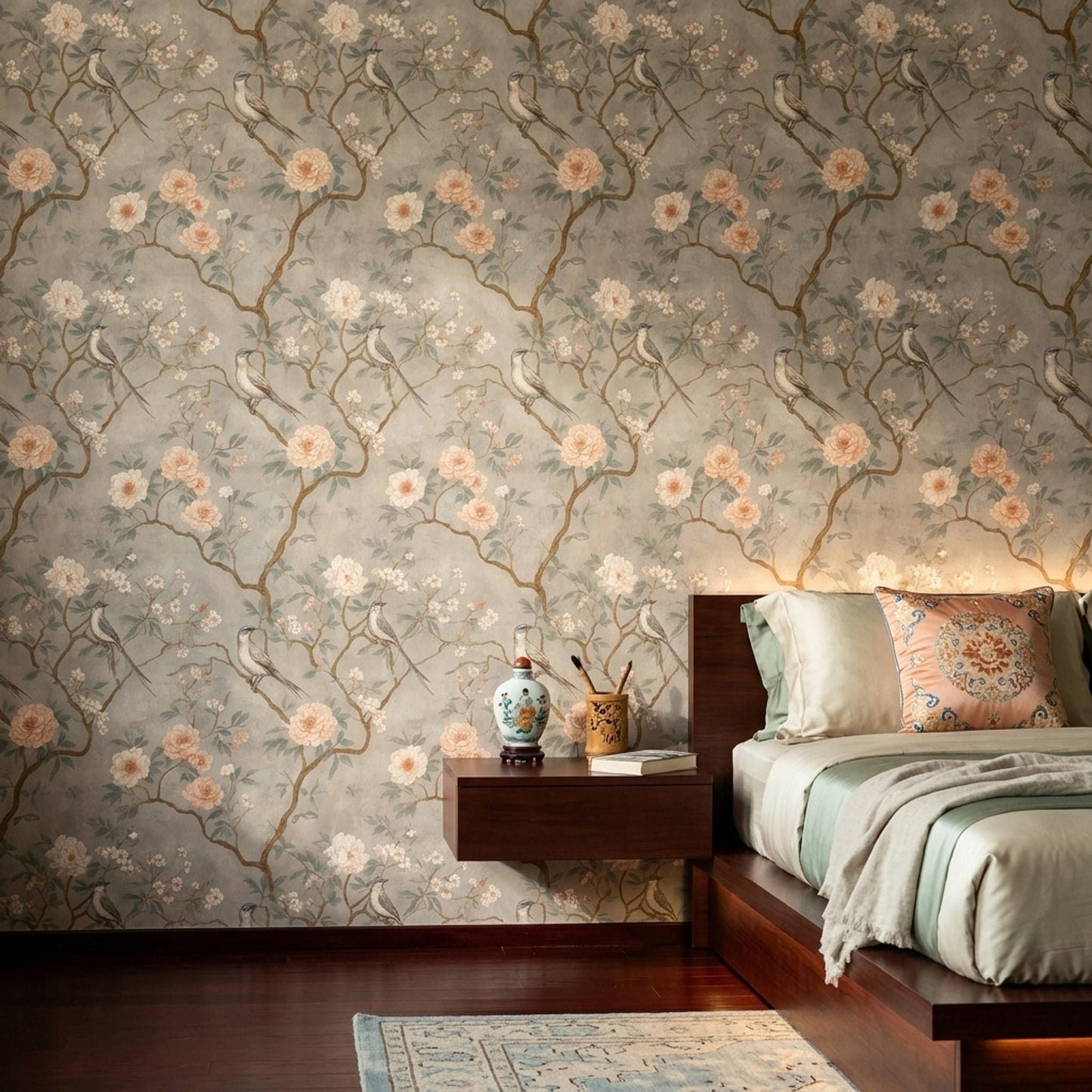 Chinoiserie Bird Floral Wallpaper Soft Botanical Wall Decor Elegant Vintage Style