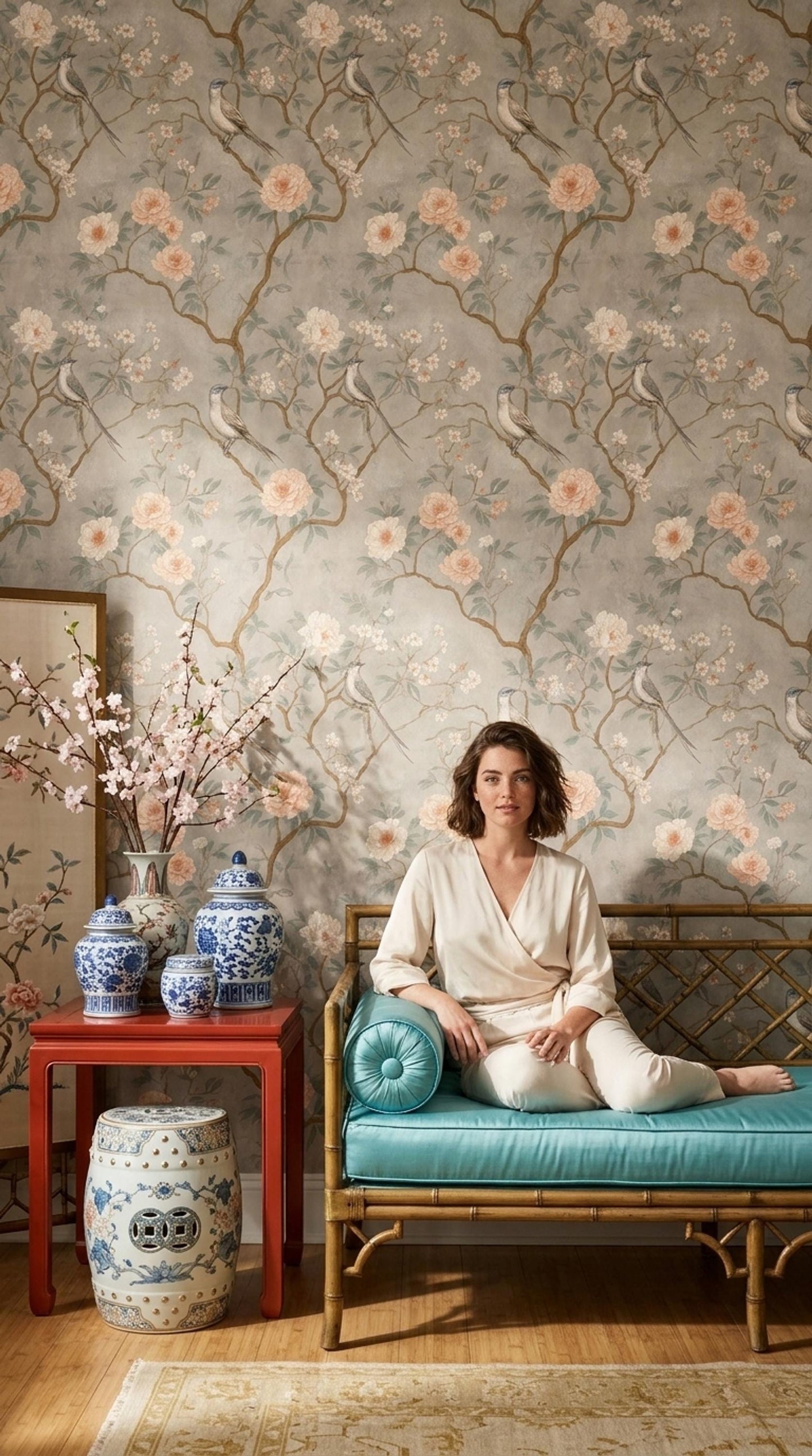 Chinoiserie Bird Floral Wallpaper Soft Botanical Wall Decor Elegant Vintage Style