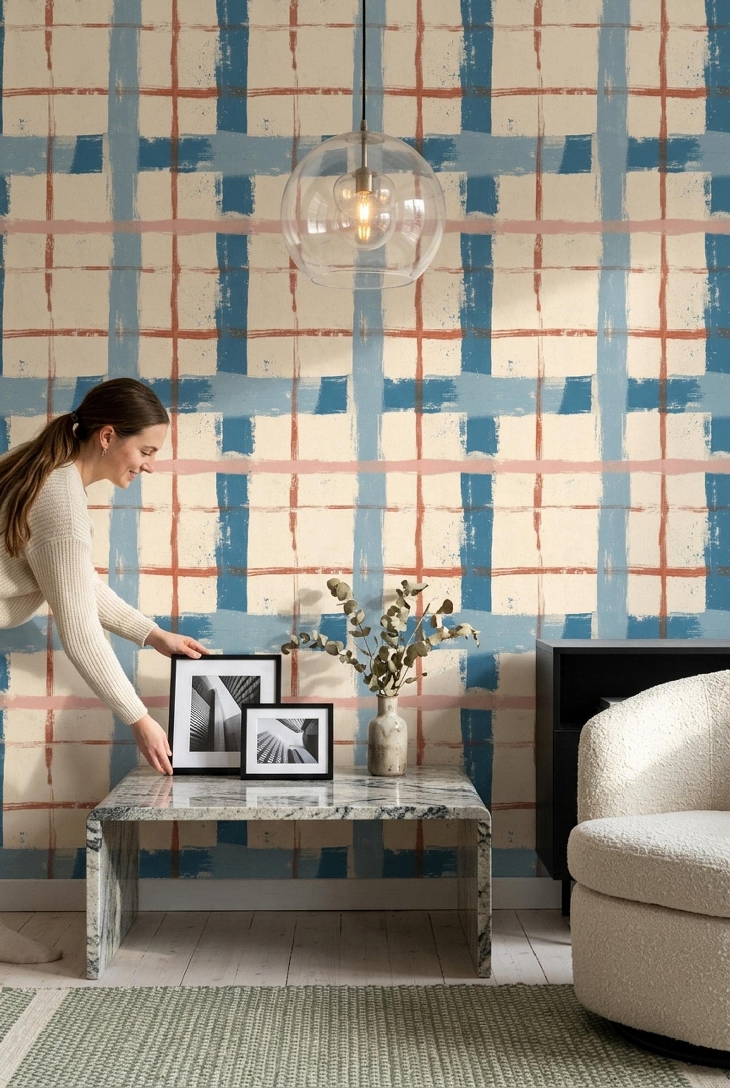 Abstract Grid Wallpaper Hand Painted Plaid Pattern Modern Brush Stroke Wall Decor