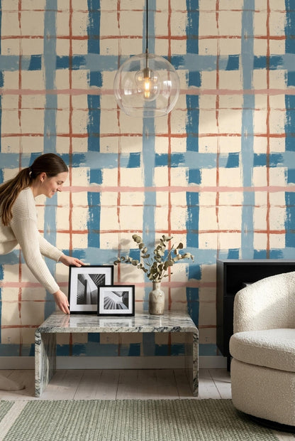 Abstract Grid Wallpaper Hand Painted Plaid Pattern Modern Brush Stroke Wall Decor