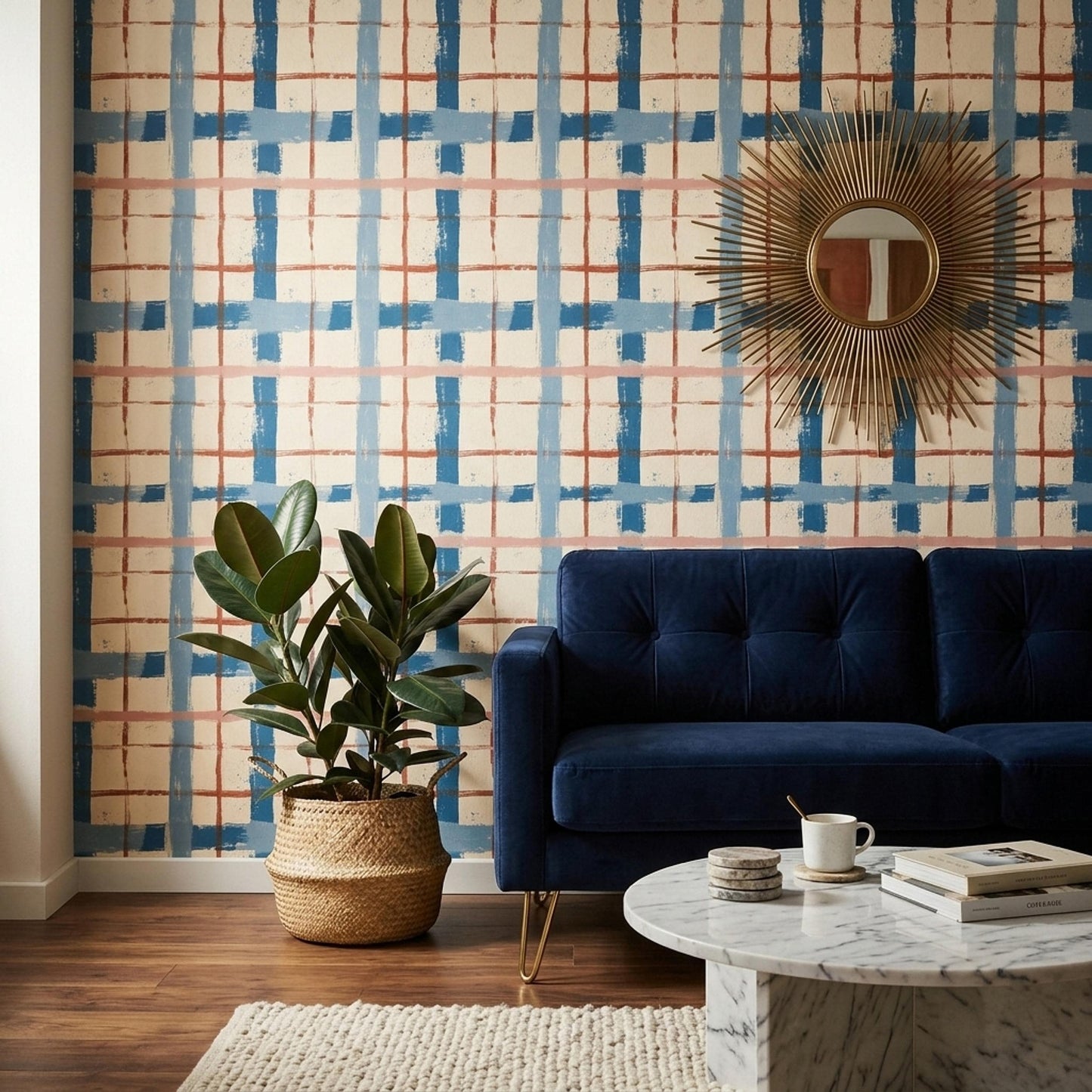Abstract Grid Wallpaper Hand Painted Plaid Pattern Modern Brush Stroke Wall Decor