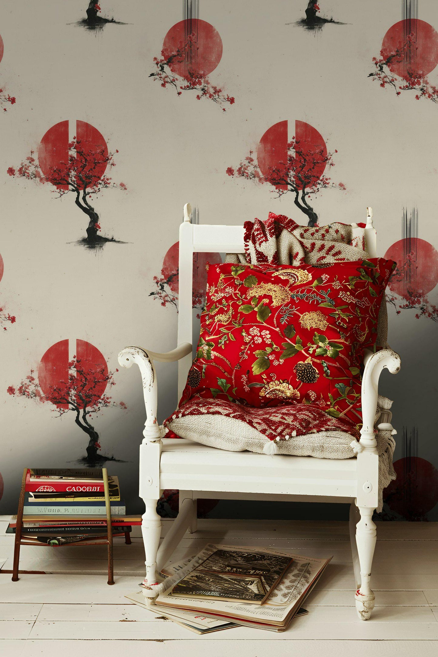 Japanese Sakura Wallpaper Red Sun Zen Wall Art Wabi Sabi Asian Decor