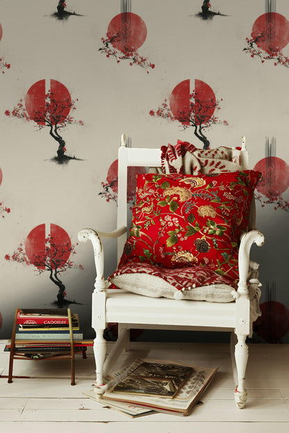 Japanese Sakura Wallpaper Red Sun Zen Wall Art Wabi Sabi Asian Decor