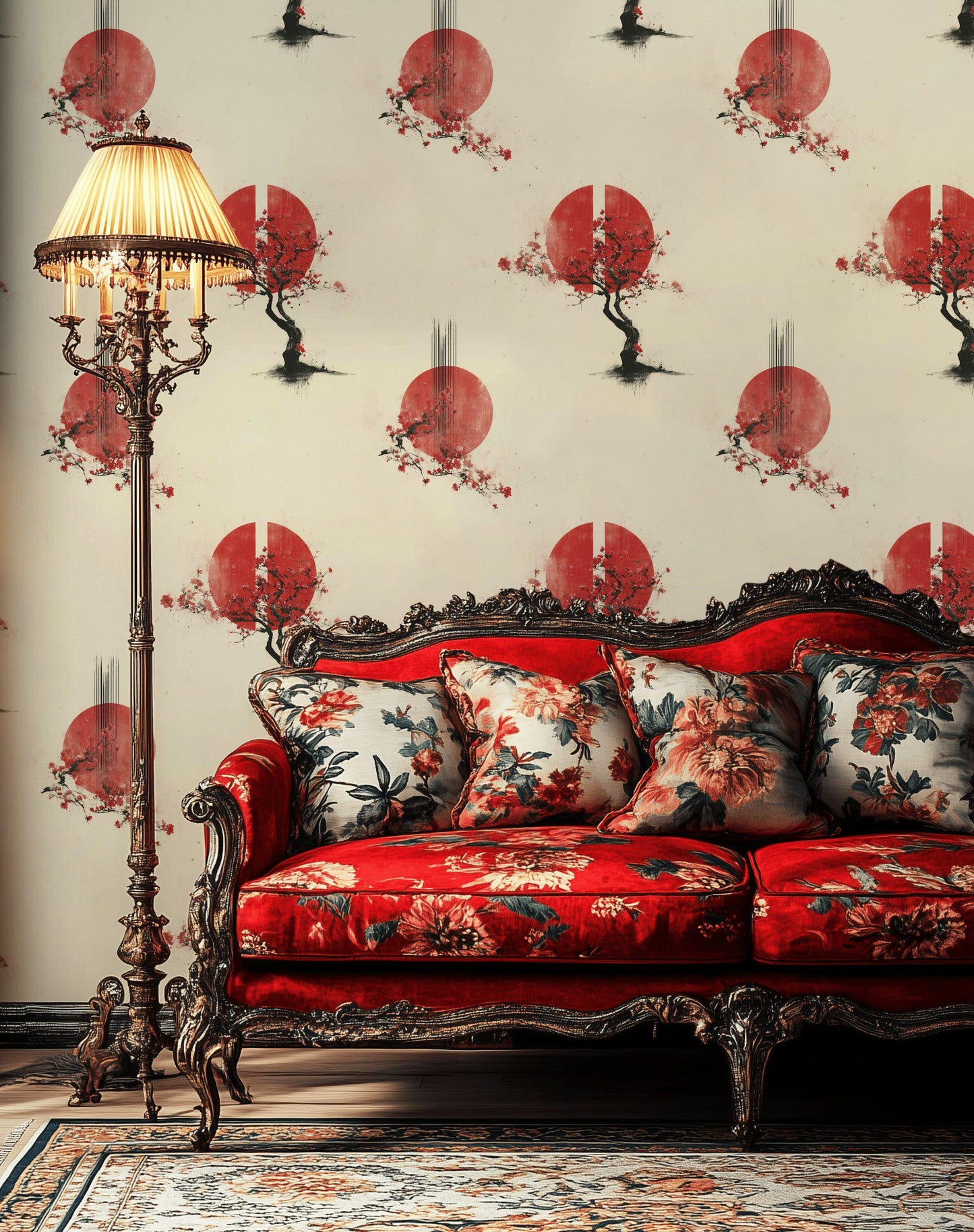 Japanese Sakura Wallpaper Red Sun Zen Wall Art Wabi Sabi Asian Decor