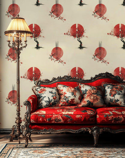 Japanese Sakura Wallpaper Red Sun Zen Wall Art Wabi Sabi Asian Decor