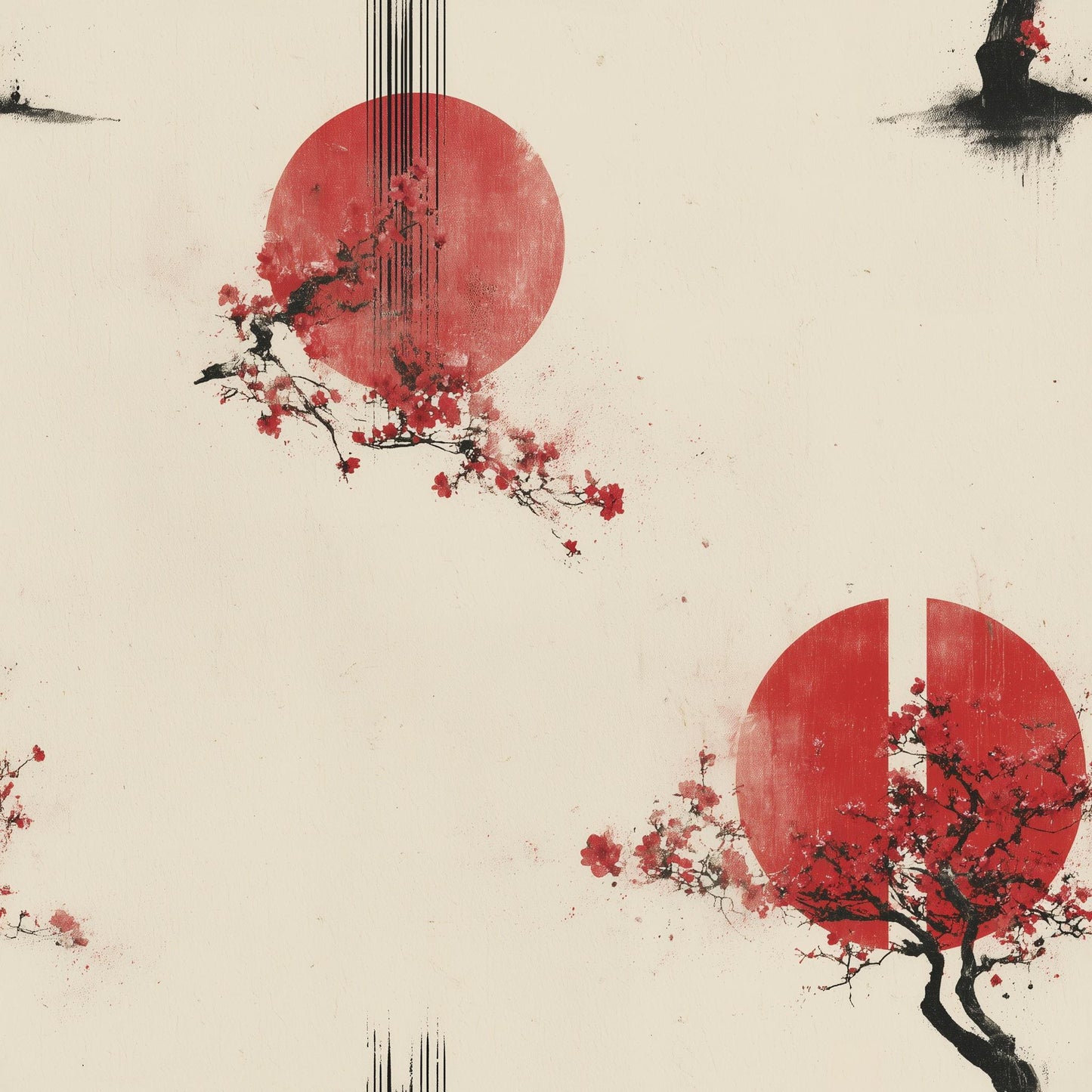 Japanese Sakura Wallpaper Red Sun Zen Wall Art Wabi Sabi Asian Decor
