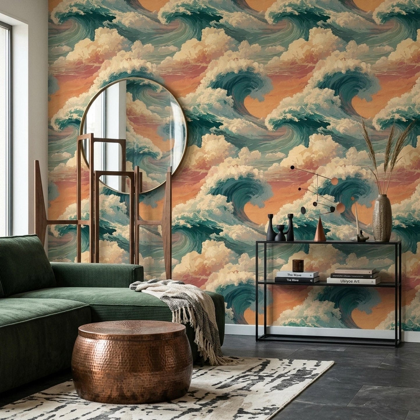 Ocean Wave Wallpaper Coastal Sunset Wall Art Japanese Style Wave Japandi Decor
