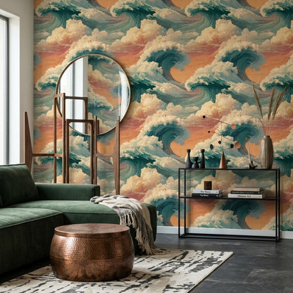 Ocean Wave Wallpaper Coastal Sunset Wall Art Japanese Style Wave Japandi Decor