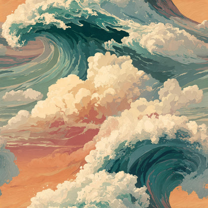 Ocean Wave Wallpaper Coastal Sunset Wall Art Japanese Style Wave Japandi Decor