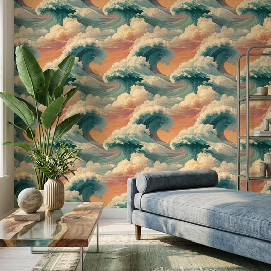 Ocean Wave Wallpaper Coastal Sunset Wall Art Japanese Style Wave Japandi Decor