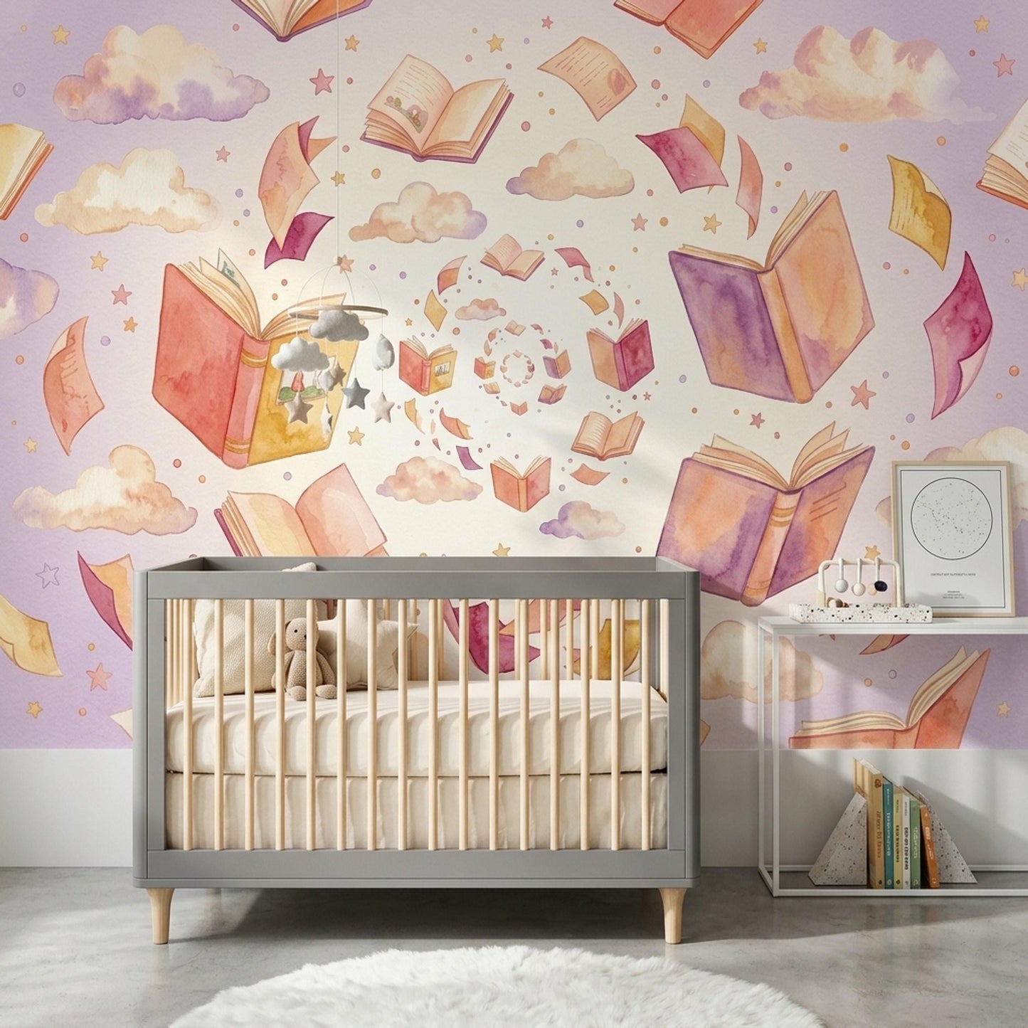 Nursery Wallpaper Book Theme Wall Mural Reading Corner Baby Room Decor Story Design