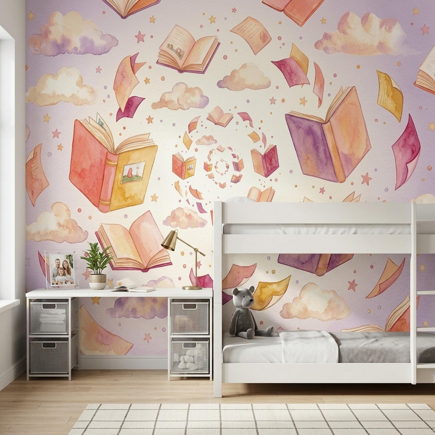 Nursery Wallpaper Book Theme Wall Mural Reading Corner Baby Room Decor Story Design