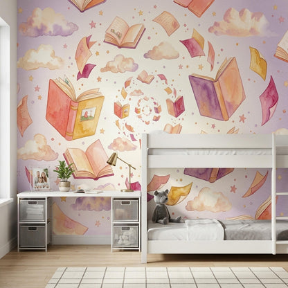 Nursery Wallpaper Book Theme Wall Mural Reading Corner Baby Room Decor Story Design