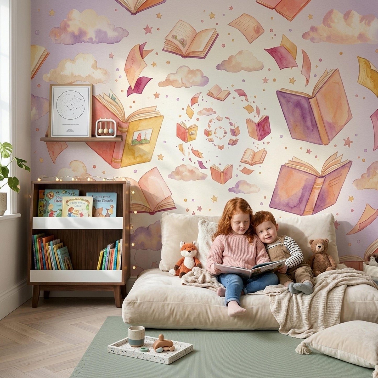 Nursery Wallpaper Book Theme Wall Mural Reading Corner Baby Room Decor Story Design