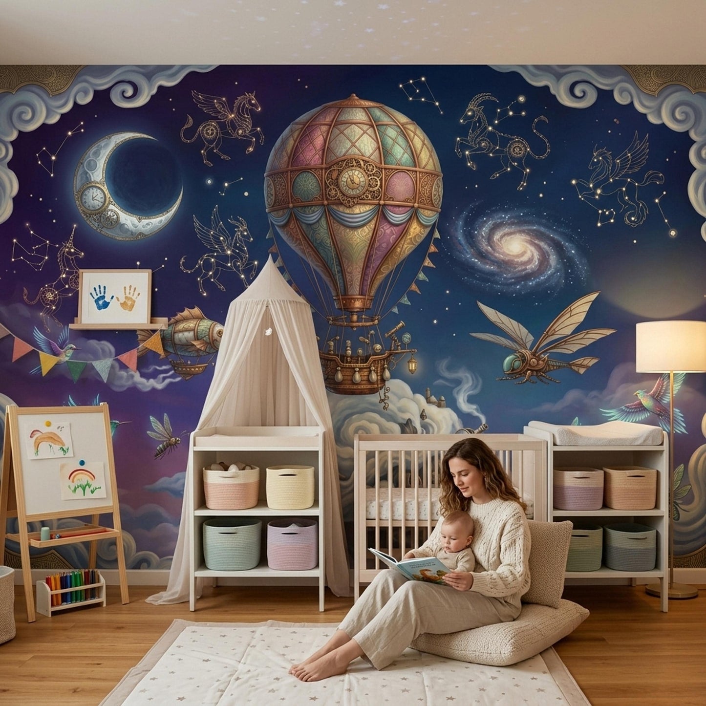 Fantasy Wall Mural Hot Air Balloon Space Sky Wallpaper Steampunk Galaxy Wall Decor Design